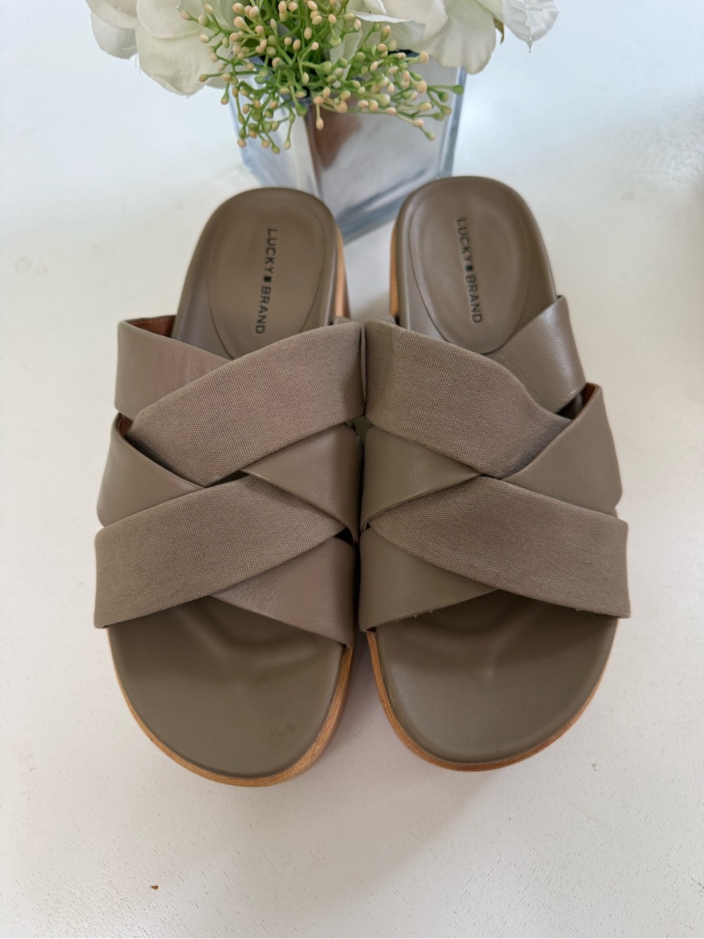 Lucky Brand Taupe Crisscross Slide Sandals